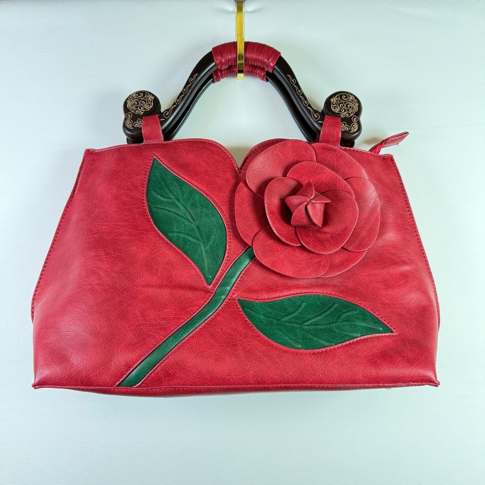 Red 3D Rose Flower Applique Faux Leather Satchel Handbag Medium - Picture 2 of 6
